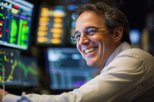 A man is smiling in front of a computer monitor with a lot of numbers on it. He is wearing glasses and he is happy