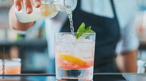 Close up of a bartender s hand carefully pouring a refreshing fizzy mocktail drink over ice with a vibrant garnish of fresh mint leaves and citrus slices photo