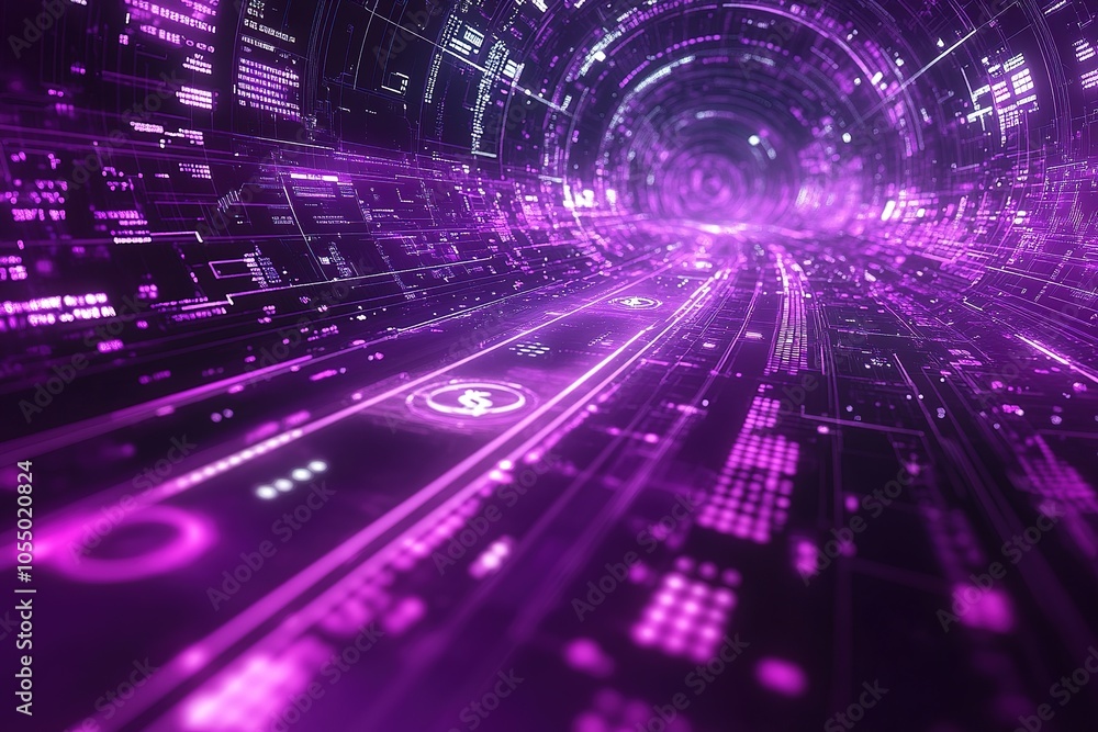Abstract digital tunnel with purple neon glow and data patterns. Abstract digital tunnel with purple neon glow and data patterns.