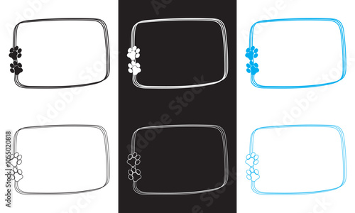 Pet footprint frame. Doodle shape frames with dog or cat paws. Hand drawn outline boarder with cute animal steps. Outline and Filled Vector Sign. Vector illustration. EPS 10     