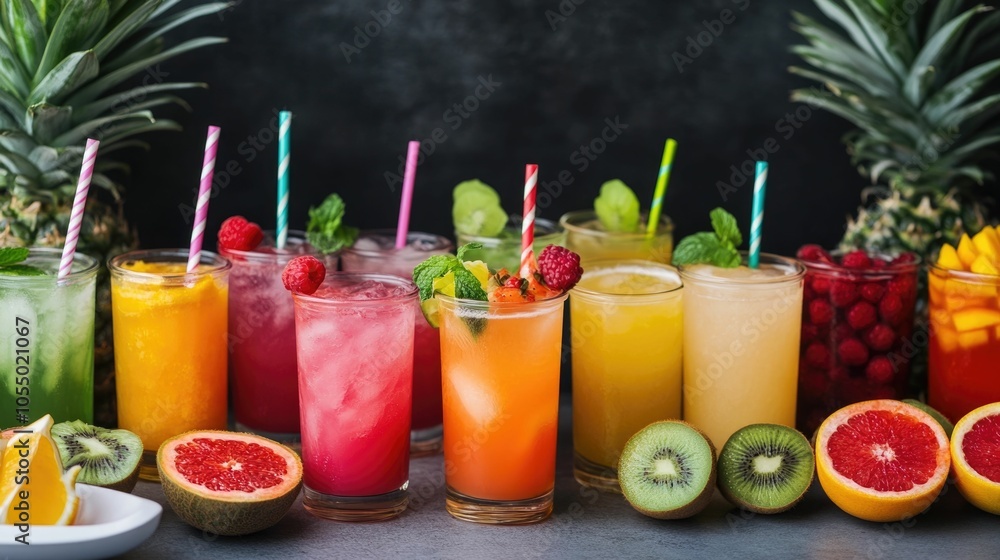 Colorful and refreshing mocktail station with an array of tropical fruits vibrant straws and a deep depth of field creating an inviting and festive atmosphere for a lively event or gathering Colorful and refreshing mocktail station with an array of tropical fruits vibrant straws and a deep depth of field creating an inviting and festive atmosphere for a lively event or gathering