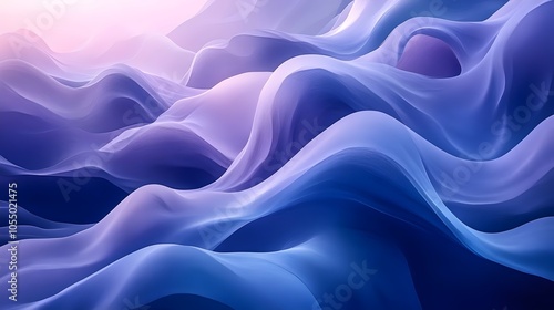 An abstract composition featuring smooth, flowing waves in shades of blue and purple, creating a serene and tranquil atmosphere with a soft gradient background.