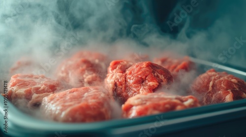 Spoiled rotten meat left out of the refrigerator with bacteria and germs rapidly multiplying in a moody textured depth of field  The decaying food has an unappetizing hazardous appearance