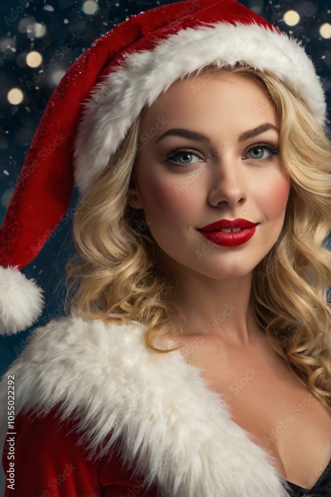 Beautiful Blonde Woman in Santa Hat with Snow Falling Beautiful Blonde Woman in Santa Hat with Snow Falling