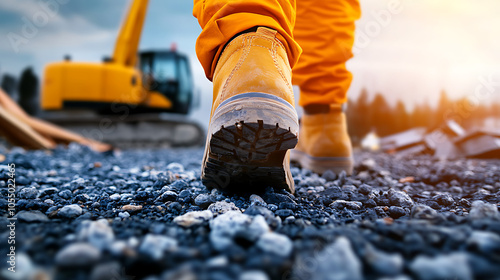 Worker in safety boots walking on gravel at construction site, sunset background