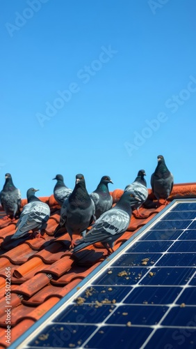 Several pigeons on a roof with soiled solar panels due to droppings solar panel Ultra realistic Photorealistic  photo