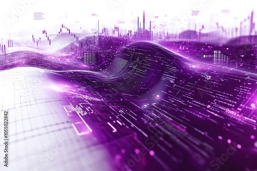 Abstract digital wave with code and data flowing over a grid background.