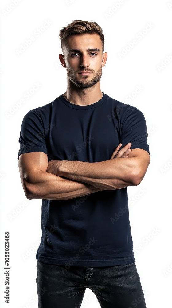 Fototapeta premium The model poses confidently in a basic navy T-shirt on a stark white background