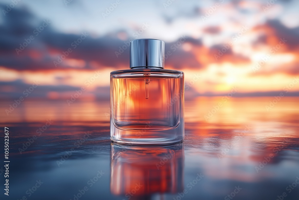 Elegant perfume bottle reflecting a beautiful sunset over calm water at dusk Elegant perfume bottle reflecting a beautiful sunset over calm water at dusk