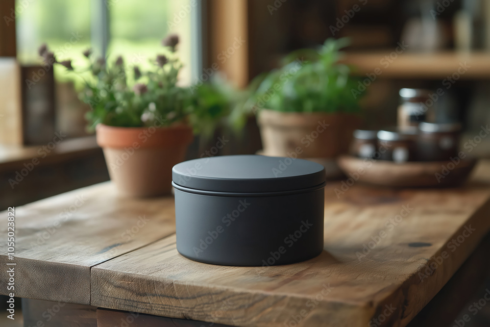 A sleek black container sits on a wooden table amid cozy potted plants A sleek black container sits on a wooden table amid cozy potted plants
