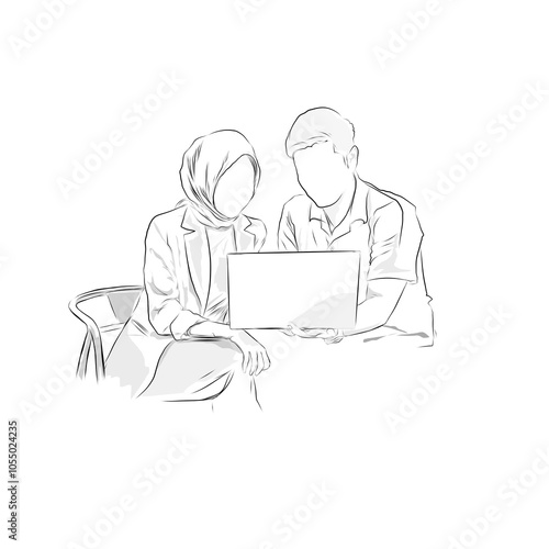 sketch of woman and man discussing office work using laptop or computer, with white background