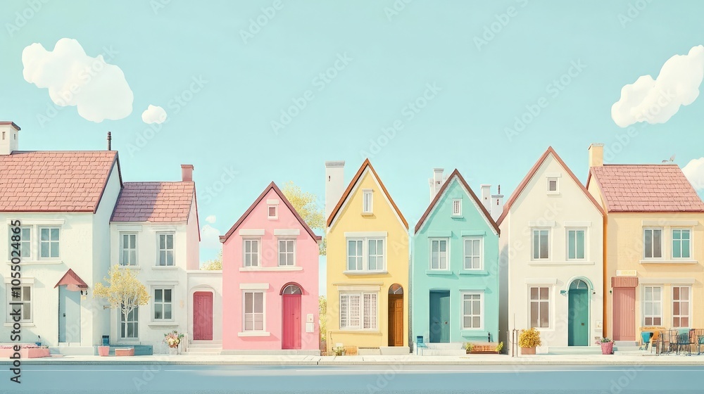 Pastel-colored houses lined up on a quiet street, each in a different shade Pastel-colored houses lined up on a quiet street, each in a different shade