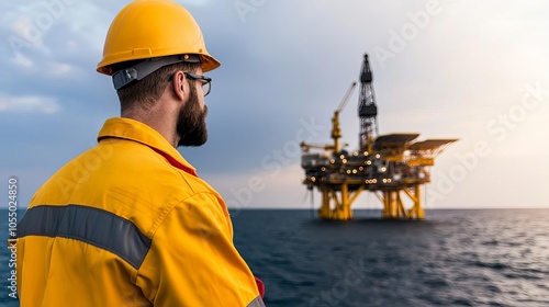 Petroleum engineer standing onshore, gazing towards an offshore rig, calm sea stretching out, balanced between sky and sea, sense of purpose and ambition, serene yet powerful