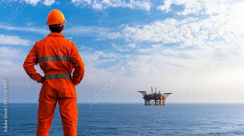 Petroleum engineer standing onshore, gazing towards an offshore rig, calm sea stretching out, balanced between sky and sea, sense of purpose and ambition, serene yet powerful photo