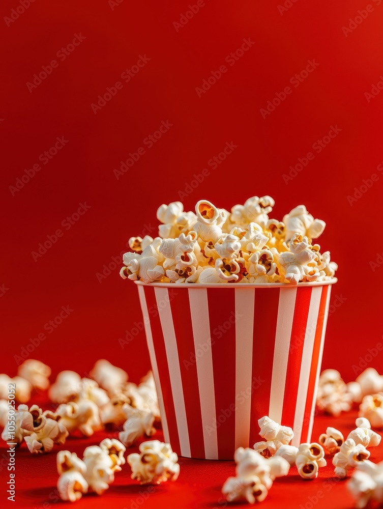 Delicious popcorn in a red and white striped bucket on a vibrant red background. Delicious popcorn in a red and white striped bucket on a vibrant red background.