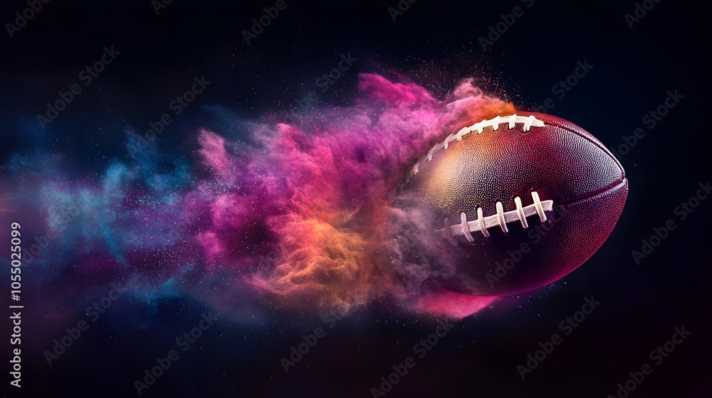 The ball is speeding of american football with colorful dust effect The ball is speeding of american football with colorful dust effect