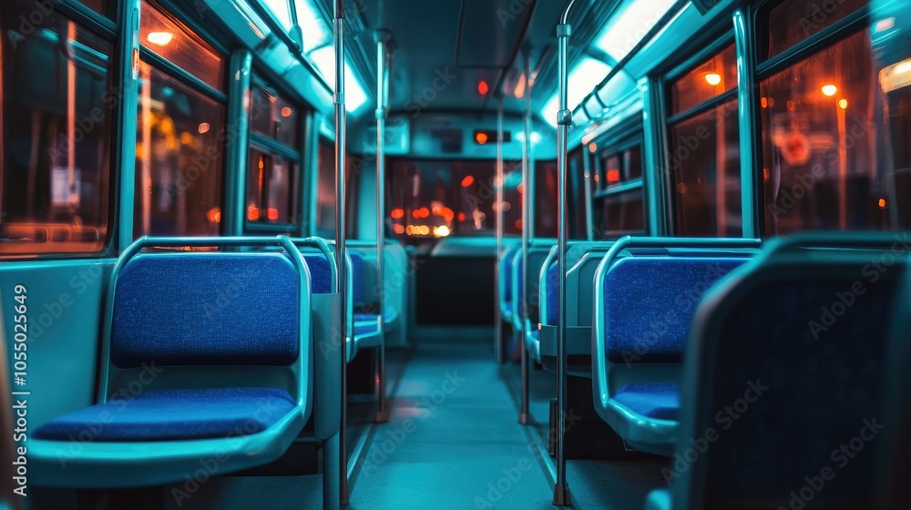 Obraz premium Empty public bus interior featuring blue cushioned seats and overhead rails, perfect for a serene city transport experience.