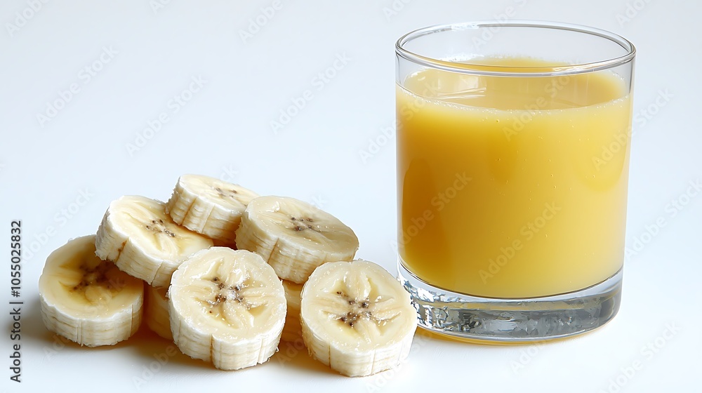 Refreshing Banana Smoothie: A close-up shot of a glass filled with banana smoothie, alongside sliced bananas, capturing the vibrant yellow hue and creamy texture. Refreshing Banana Smoothie: A close-up shot of a glass filled with banana smoothie, alongside sliced bananas, capturing the vibrant yellow hue and creamy texture.