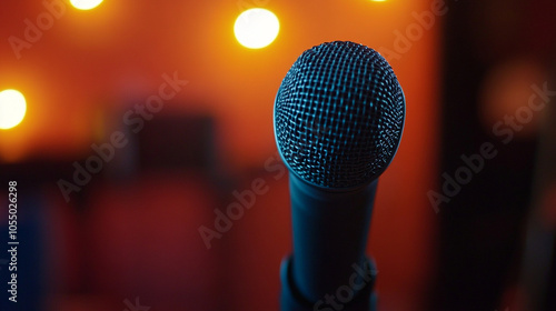 Microphone is shown in a blurry background with a bright orange background. The microphone is the main focus of the image, and it is a close up shot