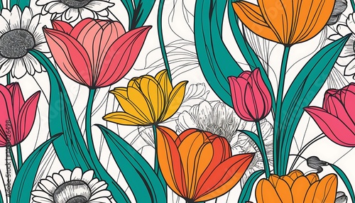Floral pattern with vibrant tulips and daisies. A cheerful, colorful design for graphic resources
