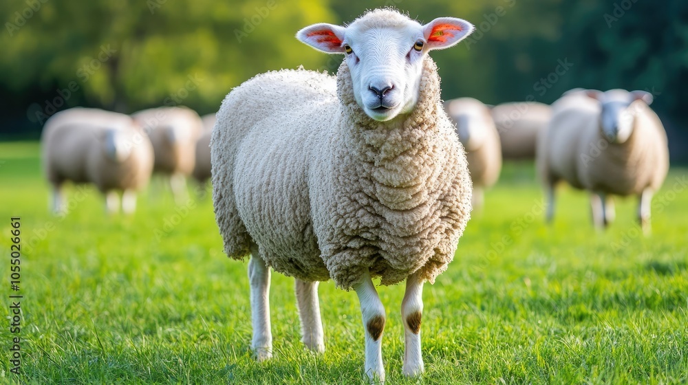 Sheared sheep grazing in a green pasture under a bright blue sky, symbolizing peaceful farm life Sheared sheep grazing in a green pasture under a bright blue sky, symbolizing peaceful farm life