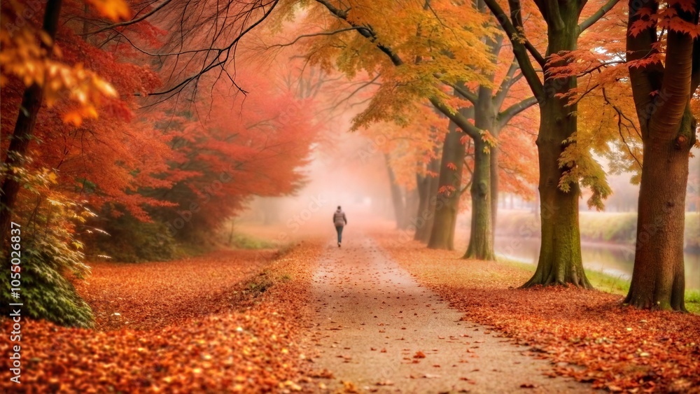 Obraz premium Person Strolling in Foggy Autumn Park