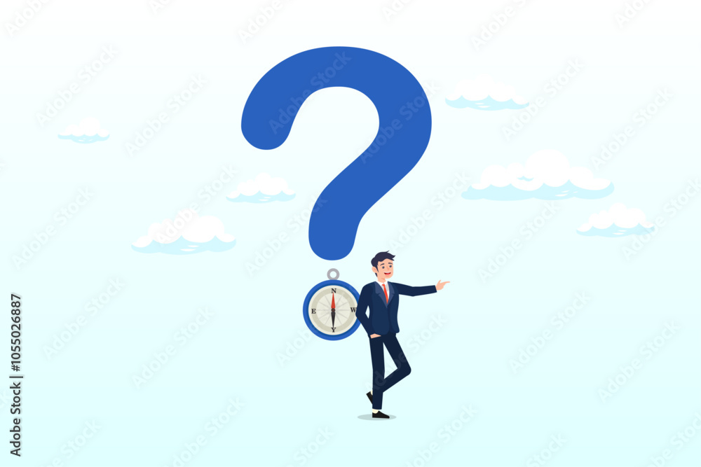 Businessman with question mark compass guidance for answer, open ended question, asking questions to encourage new idea, guidance for solution or solving problem, decision to reply or answer concept Businessman with question mark compass guidance for answer, open ended question, asking questions to encourage new idea, guidance for solution or solving problem, decision to reply or answer concept