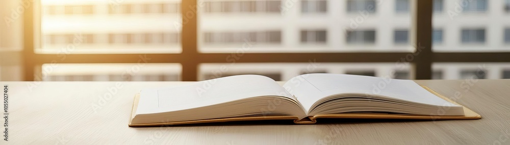 Surviving economic challenges, an empty but neat workspace, desk with open notebook and financial strategy papers, inviting light, serene ambiance, professional tones