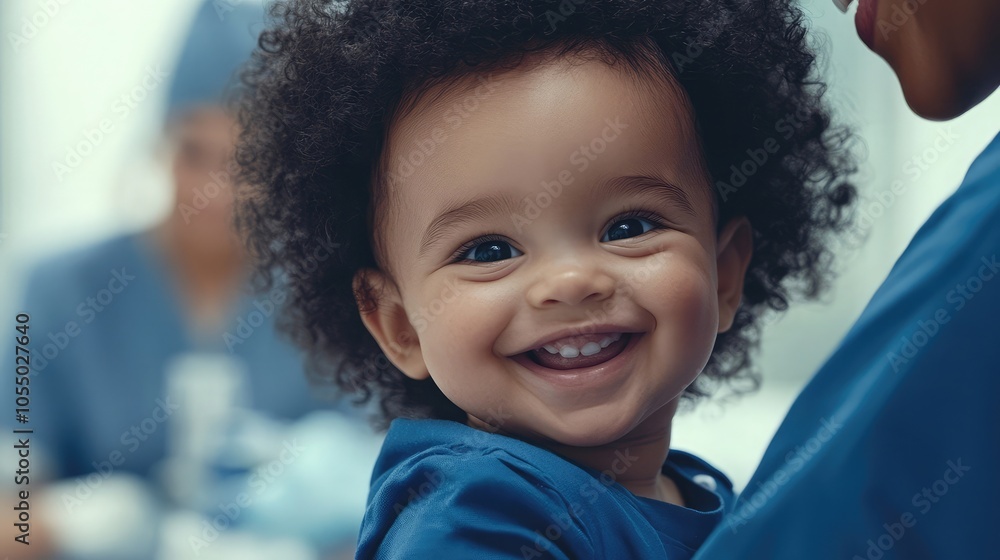 Smiling toddler with curly hair being held by a person in blue, while a slightly blurred medical professional is in the background Smiling toddler with curly hair being held by a person in blue, while a slightly blurred medical professional is in the background