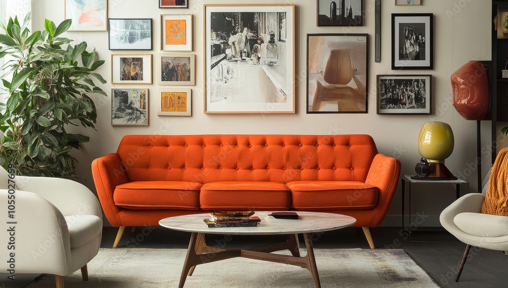 Fototapeta premium Orange Sofa Living Room with Art Collection