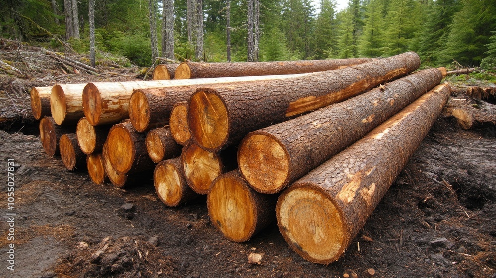Logs stacked in a forest clearing, with recently felled fir and spruce trees, showcasing a typical Pacific Northwest logging scene. Logs stacked in a forest clearing, with recently felled fir and spruce trees, showcasing a typical Pacific Northwest logging scene.
