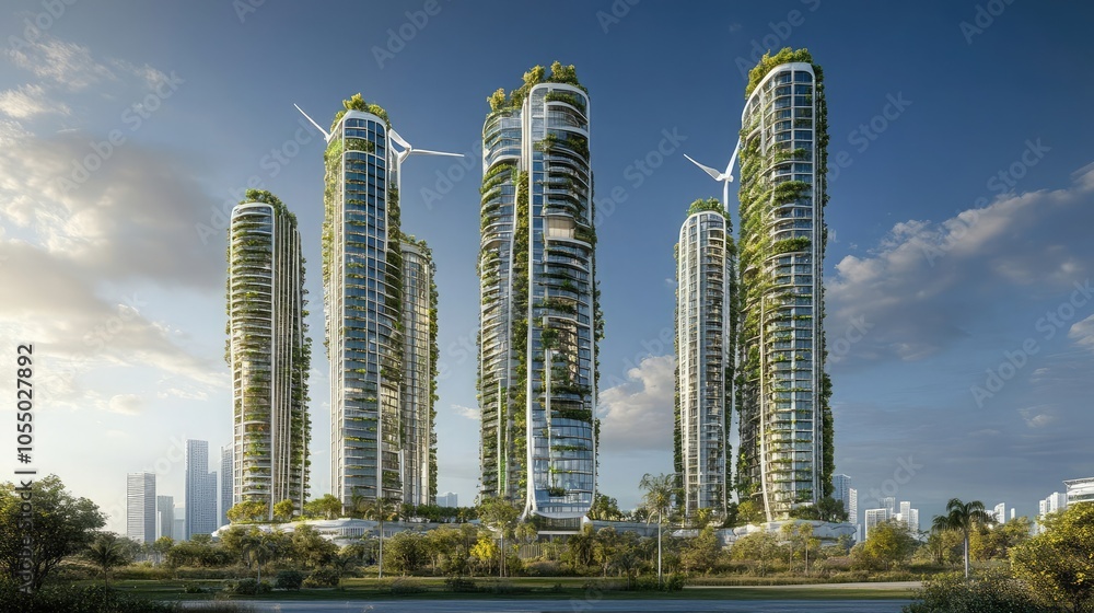 Obraz premium Solar-powered skyscrapers with integrated wind turbines