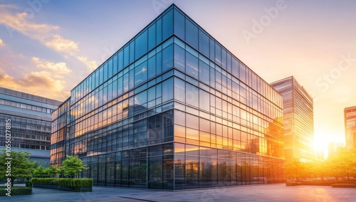 Modern Glass Facade Building at Sunset