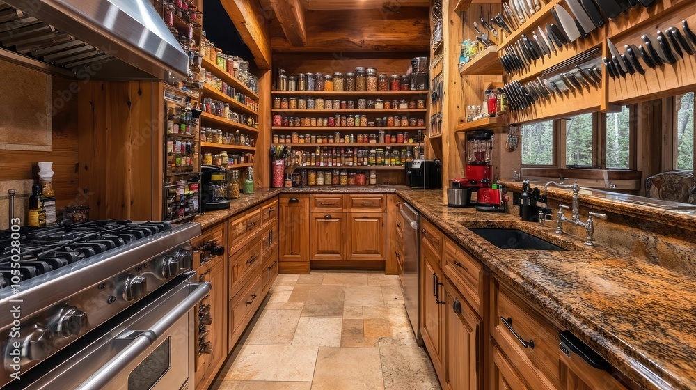 Spacious kitchen with extensive spice racks and knife wall Spacious kitchen with extensive spice racks and knife wall