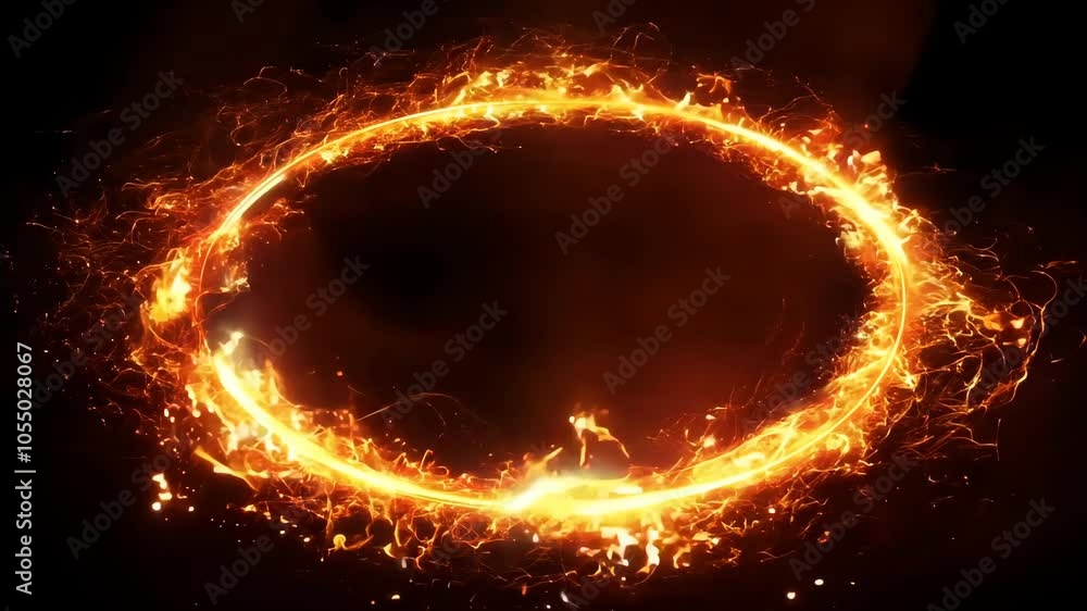 A fiery circular ring of flames set against a black background. The intense flames glow vividly, giving the ring a powerful and dramatic look. The contrast between the flames and the dark background e A fiery circular ring of flames set against a black background. The intense flames glow vividly, giving the ring a powerful and dramatic look. The contrast between the flames and the dark background e
