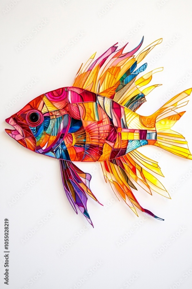 Fototapeta premium A vibrant, colorful fish outlined in bold neon colors, swimming alone on a stark white background.