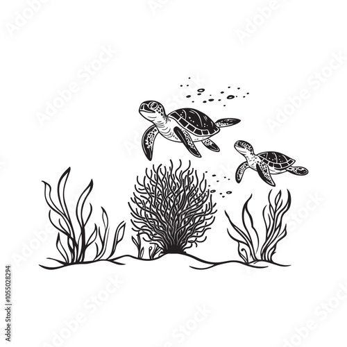 Underwater Scene ClipArt Design - Coral Reef Vector illustration in black and white
