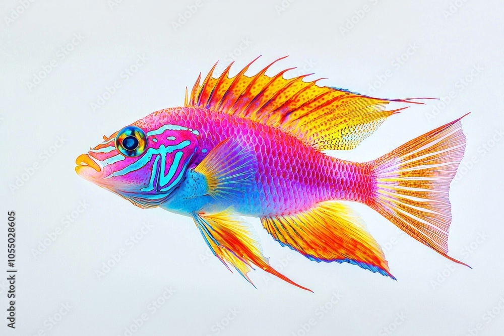 A vibrant, colorful fish outlined in bold neon colors, swimming alone on a stark white background. A vibrant, colorful fish outlined in bold neon colors, swimming alone on a stark white background.