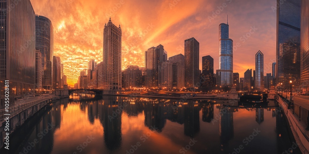 Fototapeta premium Chicago Skyline Sunrise Reflection