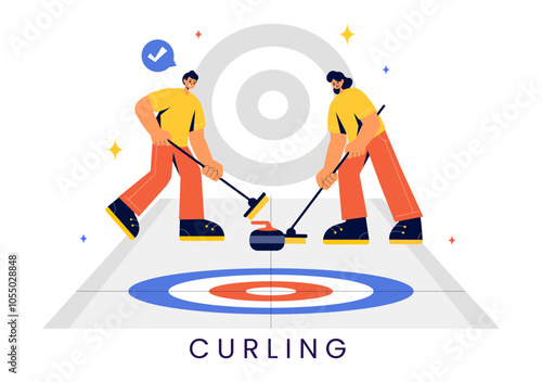 Curling Sport Vector Illustration featuring a Team Playing the Game with Rocks and Brooms on a Rectangular Ice Rink in a Championship in a Background