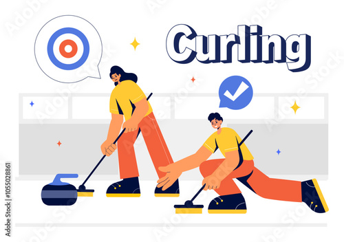 Curling Sport Vector Illustration featuring a Team Playing the Game with Rocks and Brooms on a Rectangular Ice Rink in a Championship in a Background