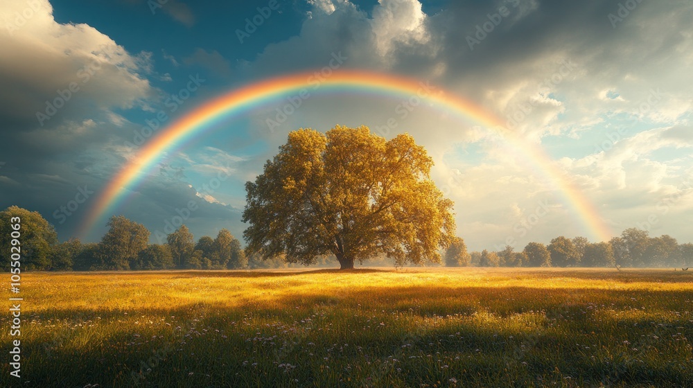 Naklejka premium Solitary Tree in a Golden Field with a Rainbow Arching Over It
