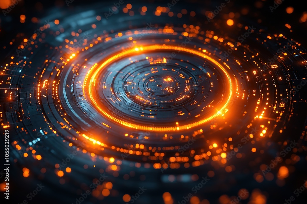 Abstract futuristic glowing orange and blue ring with light bokeh on dark background. Abstract futuristic glowing orange and blue ring with light bokeh on dark background.
