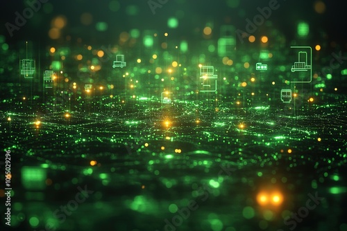 Abstract futuristic green city with glowing lights and digital icons.