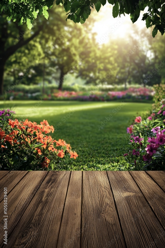 A wooden table with an empty space for product display, set against the backdrop of a green garden with sunlight A wooden table with an empty space for product display, set against the backdrop of a green garden with sunlight