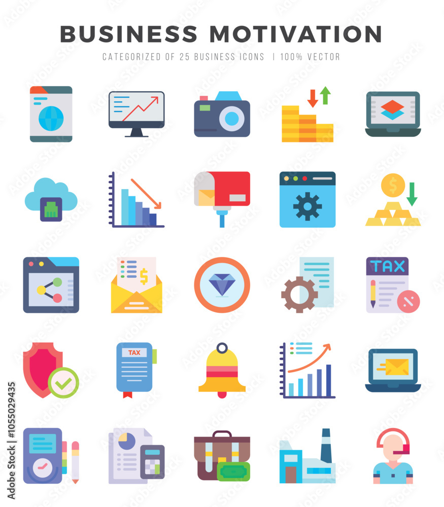Set of BUSINESS MOTIVATION icons in Flat style. High quality Flat Icons symbol collection. Set of BUSINESS MOTIVATION icons in Flat style. High quality Flat Icons symbol collection.