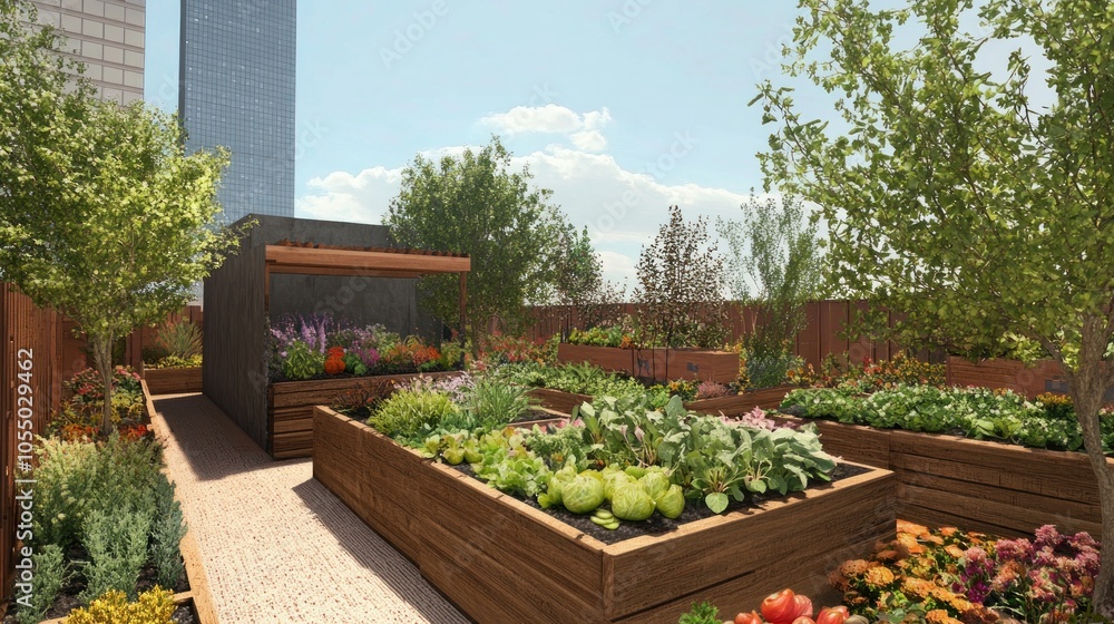 A vibrant rooftop garden with various plants and vegetables in wooden planters. A vibrant rooftop garden with various plants and vegetables in wooden planters.