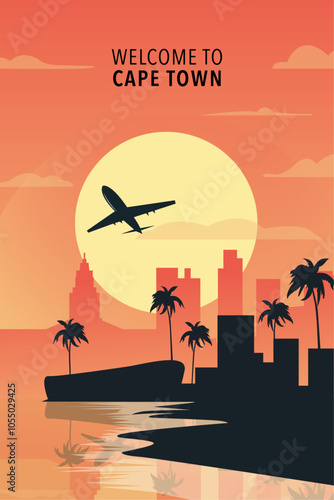 Welcome to Cape Town, South Africa. Retro city poster with abstract shapes of skyline, buildings, plane flying over shore. Vintage Africa travel vector illustration