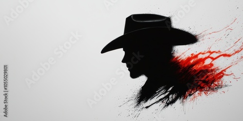 Silhouette of a cowboy hat with abstract red splashes on a white background. photo