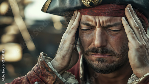 White male pirate or actor in pirate costume, copy space, struggling with head in hands
 photo